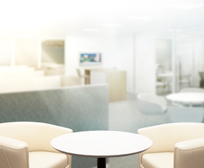 Wood Table Of Blur Background in Office