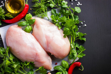 Fresh raw chicken fillet,  spices and herbs