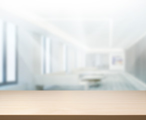 Wood Table Of Blur Background in Office