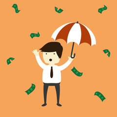 Businessman under dollar rain