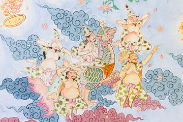 Traditional Thai style painting art on temple wall 