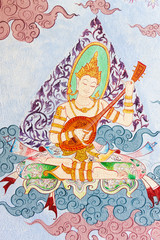 Traditional Thai style painting art on temple wall 