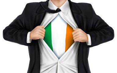 businessman showing Ireland flag underneath his shirt