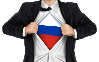 businessman showing Russia flag underneath his shirt