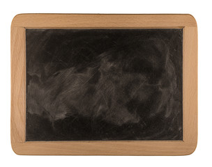 Blank chalkboard in wooden frame isolated on white