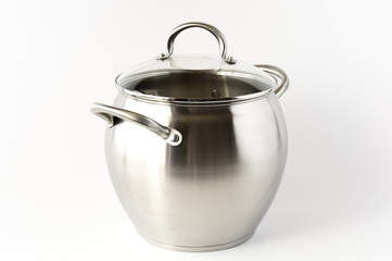 Steel casserole on white background