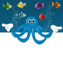 Funny octopus cartoon illustration under water fish fishes squid