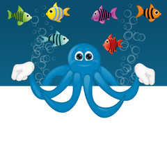 Funny octopus cartoon illustration under water fish fishes squid
