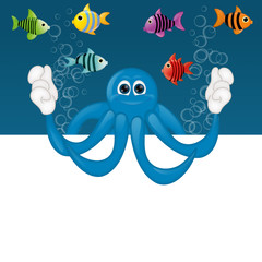 Funny octopus cartoon illustration under water fish fishes squid
