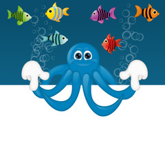 Funny octopus cartoon illustration under water fish fishes squid