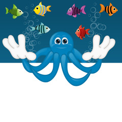 Funny octopus cartoon illustration under water fish fishes squid