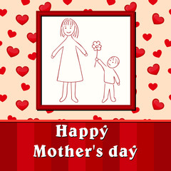 Mother's day. Child's drawing son gives mom a flower.