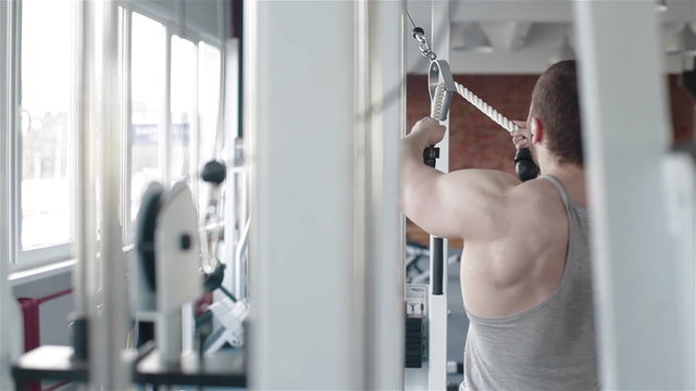 Back view of a young bodybuilder exercising in gym