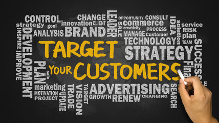 target your customers with related word cloud handwritten on bla