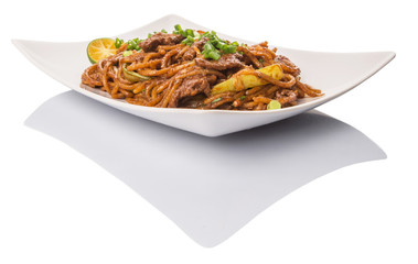 Popular Malaysian stir fried noodles on white plate