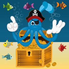 Naklejka premium Funny pirate octopus squid with treasure under water