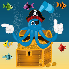 Naklejka premium Funny pirate octopus squid with treasure under water