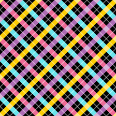 Contrast plaid fabric background with yellow blue and pink.