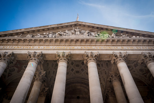 Old Royal Exchange building facade, City of London.
