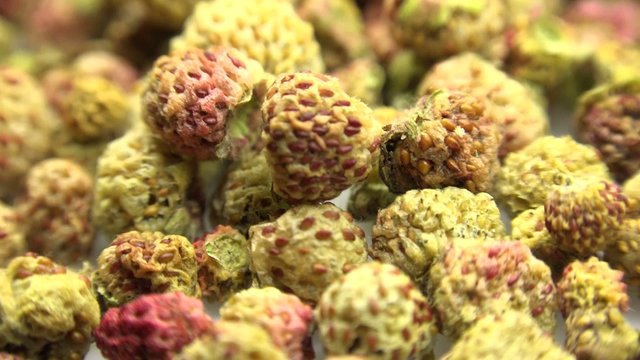 Background  of dried strawberry. Motorized Dolly Shot. Macro