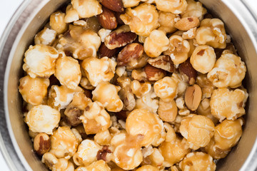 Mixed popcorn with cashew nuts and caramel