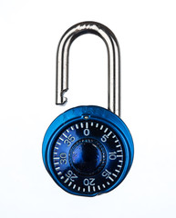 Blue metallic lock isolated on white background