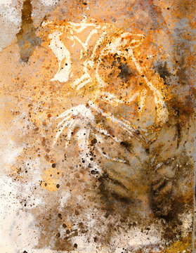 tiger collage on color abstract  background,  rust structure