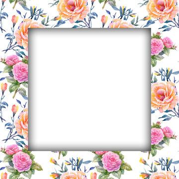 Watercolor flower frame on white background