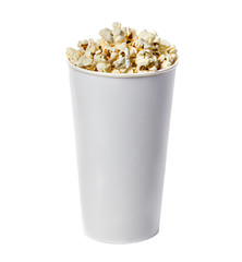 Popcorn isolated in cardboard box on a white background