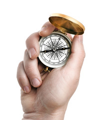 Compass in hand isolated on white