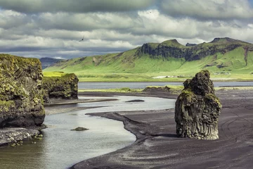 Rolgordijnen The black sand beach with typical Icelandic mountain landscapes © marchello74