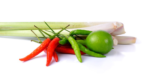 Hot chilli, Lime, Lemongrass isolated on white background