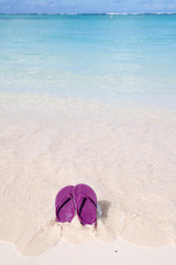 purple flip flops on a tropical beach