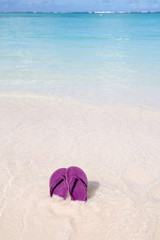 Fototapeta na wymiar purple flip flops on a tropical beach