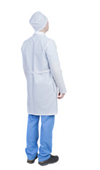Back view of doctor in robe. Standing young guy.