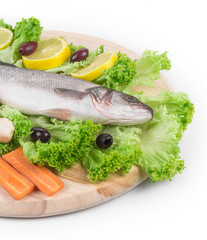 Composition of fresh seabass and vegetables.