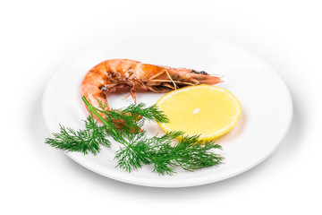 Raw shrimps on white plate.