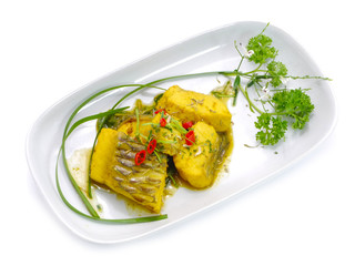 Thailand food, fried fish and curry.