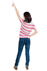 Back view of  pointing woman.