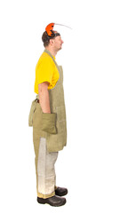 Welder with plastic protective face shield gloves