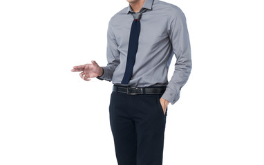 Isolate Man in trendy suit standing alone and point his finger
