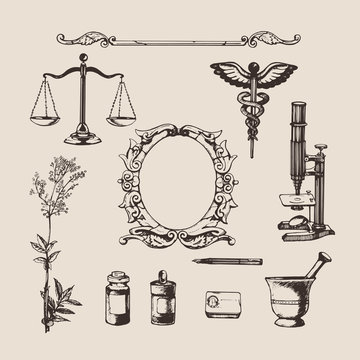 Set of hand-drawn elements of pharmacy or chemistry. Vector.