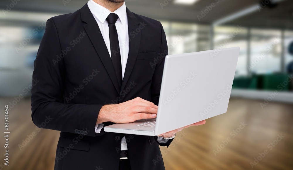 Poster composite image of mid section of a businessman using laptop