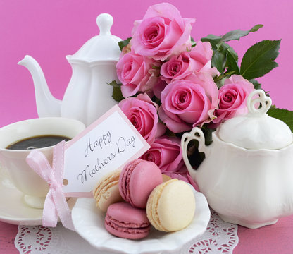 Happy Mothers Day Pink Roses and Tea Setting.