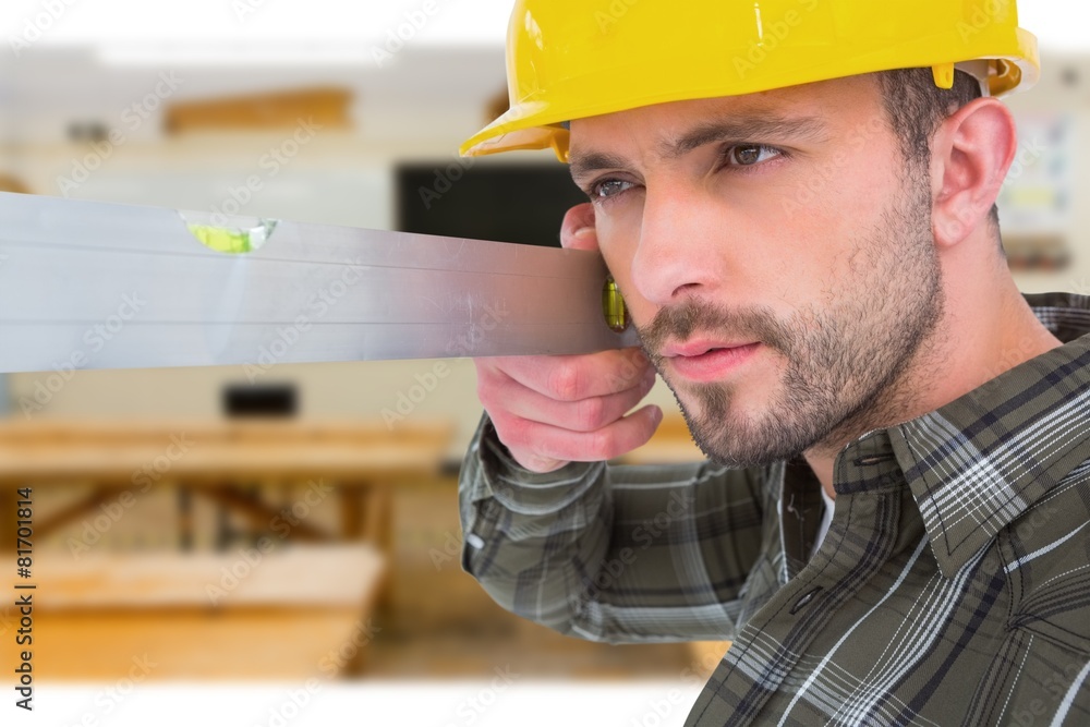 Poster Composite image of carpenter using spirit level