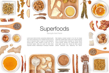 various superfood on white background top view