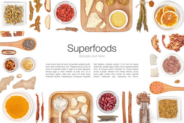 various superfood on white background top view