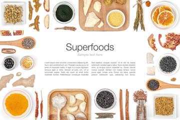 various superfood on white background top view