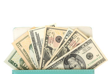 Women's leather purse with money isolated on white background