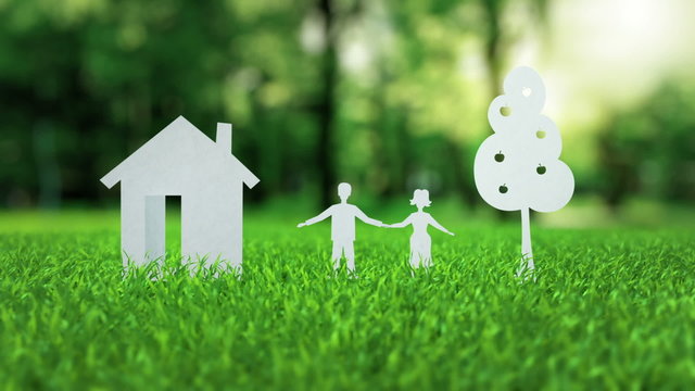 White paper house family tree animation on green nice summer
